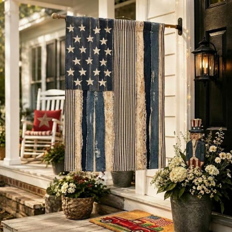 Rustic American Flag Faux Patchwork Outdoor Flag, Patriotic Farmhouse Garden Decor