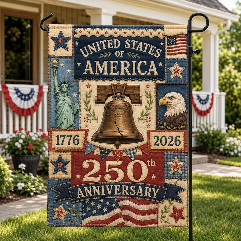 Faux Patchwork USA 250 Years Garden Flag, 250 Years Banner, USA 250th Independence Day Banner