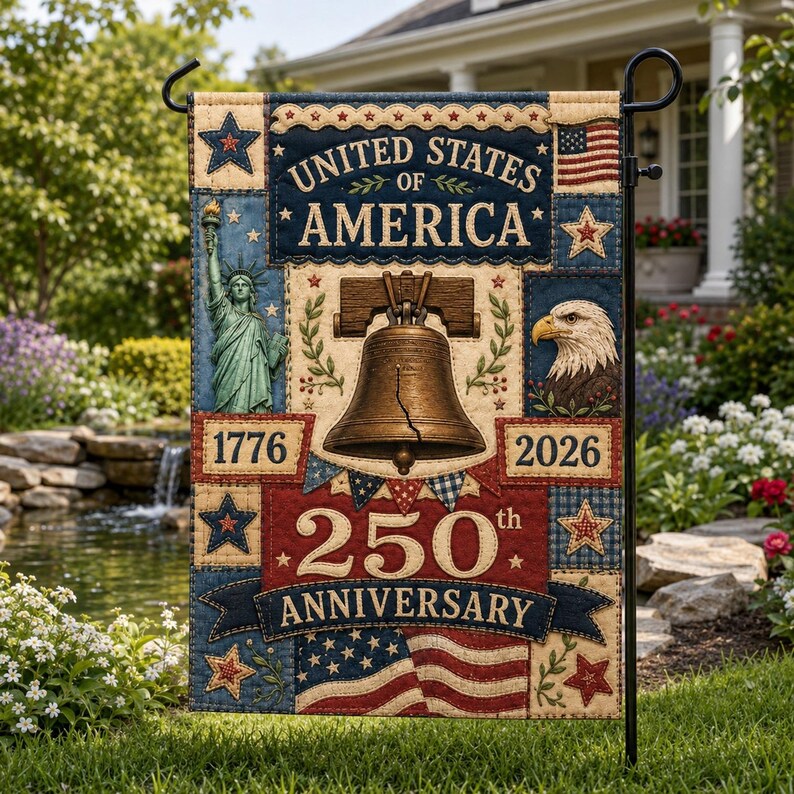 Faux Patchwork USA 250 Years Garden Flag, 250 Years Banner, USA 250th Independence Day Banner