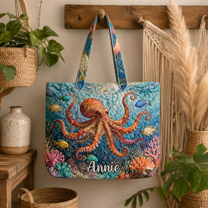 Custom Name Octopus Quilted Tote Bag, Personalized Octopus Beach Handbag, Ocean Octopus Lover Bag Gift