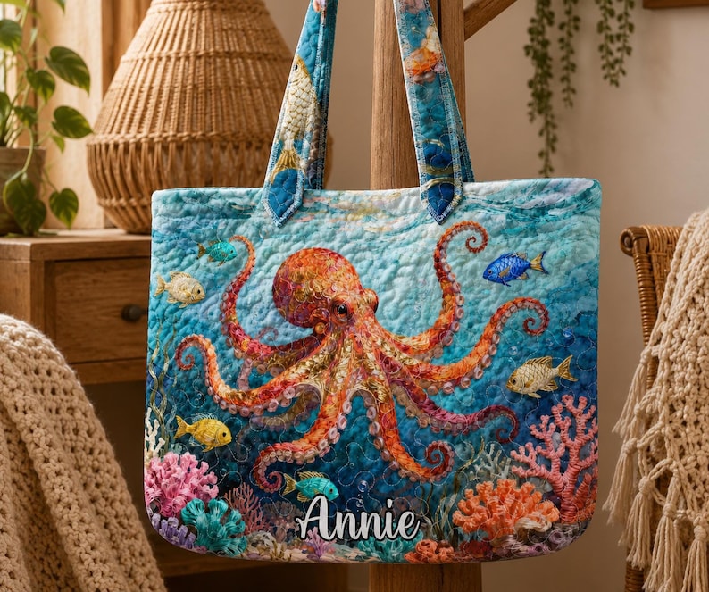 Custom Name Octopus Quilted Tote Bag, Personalized Octopus Beach Handbag, Ocean Octopus Lover Bag Gift