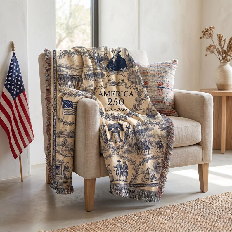 America 250 Woven Blanket, Colonial Toile Patriotic Throw, USA Semiquincentennial Decor