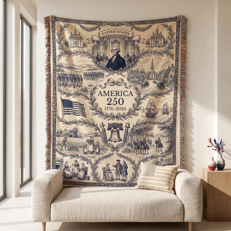 America 250 Woven Blanket, Colonial Toile Patriotic Throw, USA Semiquincentennial Decor