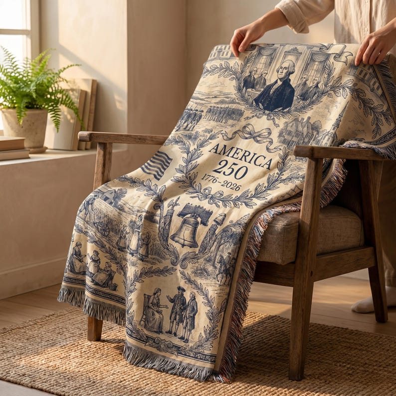 America 250 Woven Blanket, Colonial Toile Patriotic Throw, USA Semiquincentennial Decor