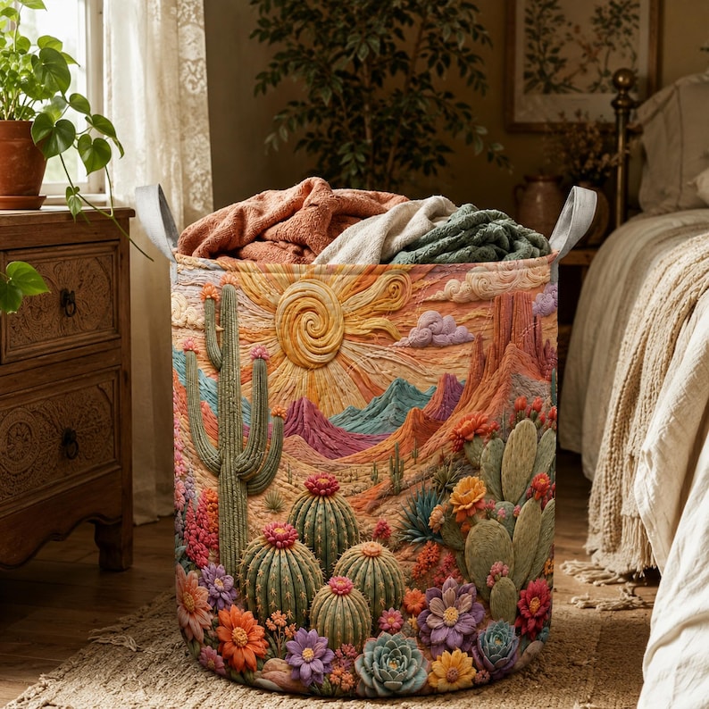 Cactus Quilted Laundry Basket, Desert Floral Hamper, Southwest Sun Laundry Bin, Boho Cactus Fabric Storage Basket