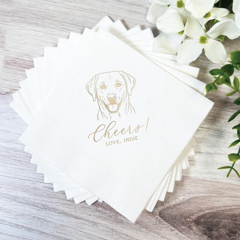 Pet Wedding Napkins with Dog Breed Design, Personalized Foil Cocktail Party Napkins for Weddings
