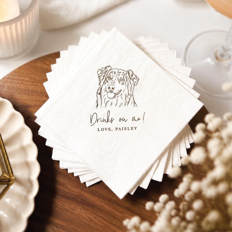 Pet Wedding Napkins with Dog Breed Design, Personalized Foil Cocktail Party Napkins for Weddings