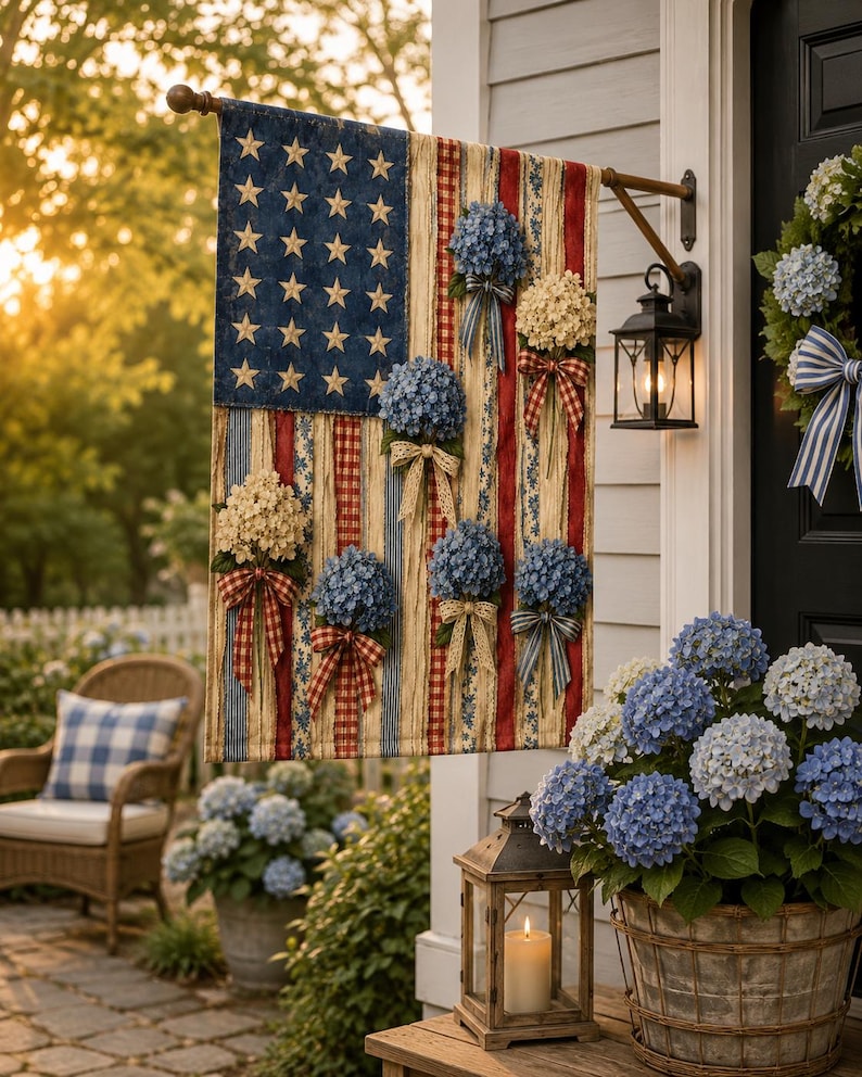 Rustic Faux Ribbon American Flag with Hydrangeas Outdoor Flag
