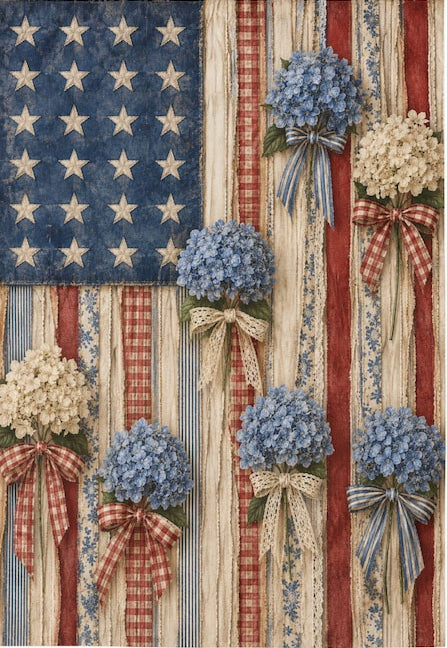 Rustic Faux Ribbon American Flag with Hydrangeas Outdoor Flag
