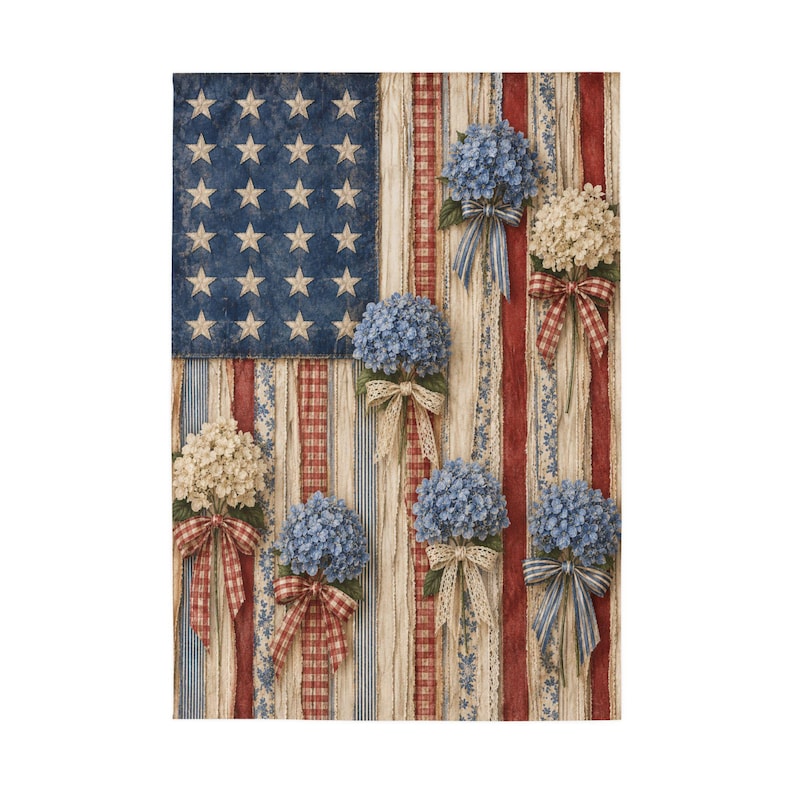 Rustic Faux Ribbon American Flag with Hydrangeas Outdoor Flag
