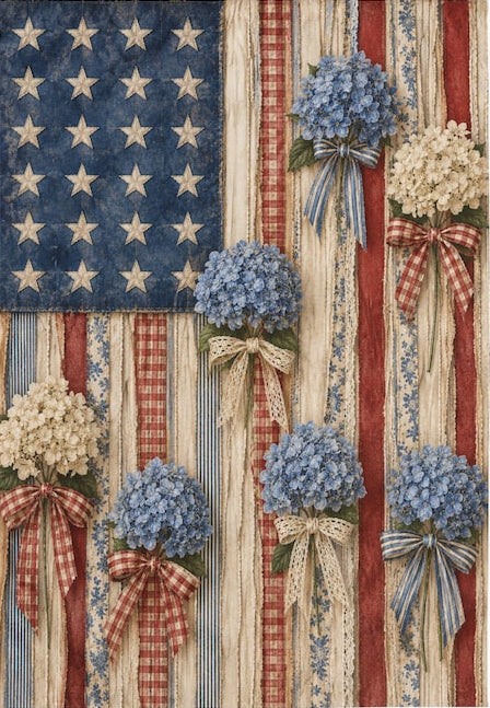 Rustic Faux Ribbon American Flag with Hydrangeas Outdoor Flag