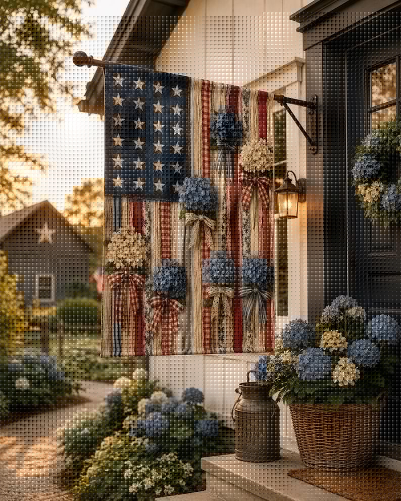Rustic Faux Ribbon American Flag with Hydrangeas Outdoor Flag