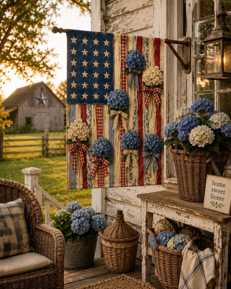 Rustic Faux Ribbon American Flag with Hydrangeas Outdoor Flag