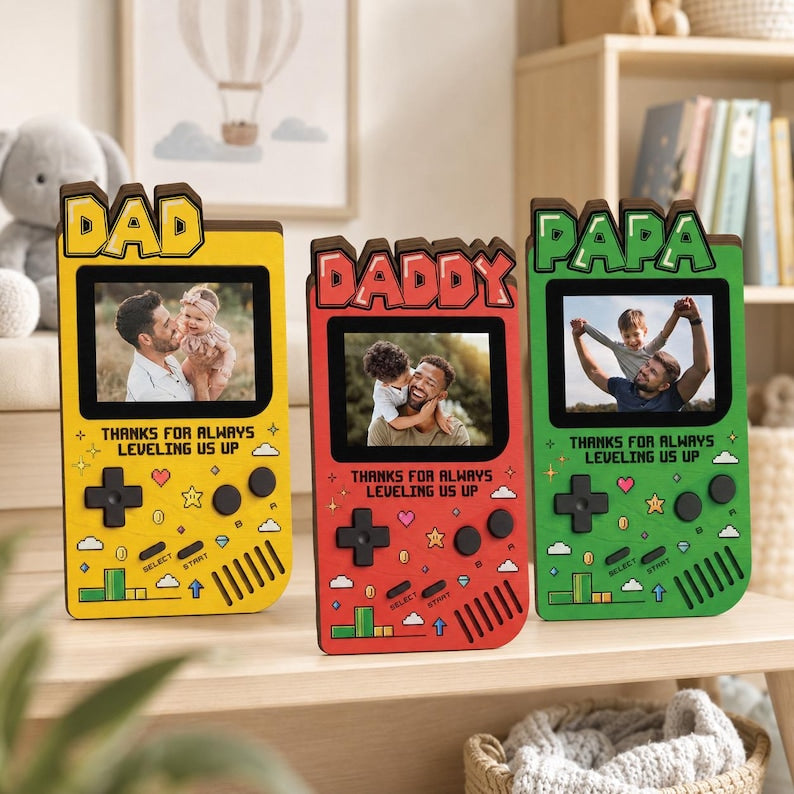 Custom Photo Dad Frame 2D Flat Wooden Block, Retro Game Console Photo Wooden Block Sign