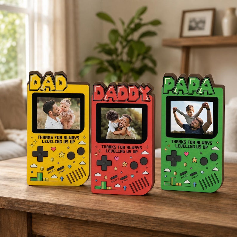 Custom Photo Dad Frame 2D Flat Wooden Block, Retro Game Console Photo Wooden Block Sign