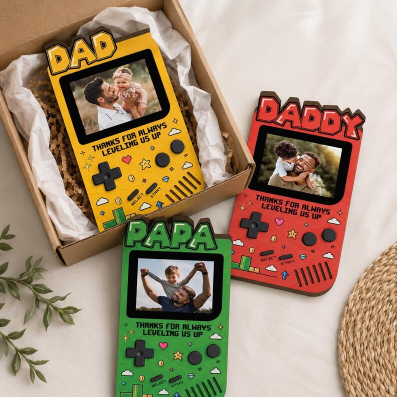 Custom Photo Dad Frame 2D Flat Wooden Block, Retro Game Console Photo Wooden Block Sign