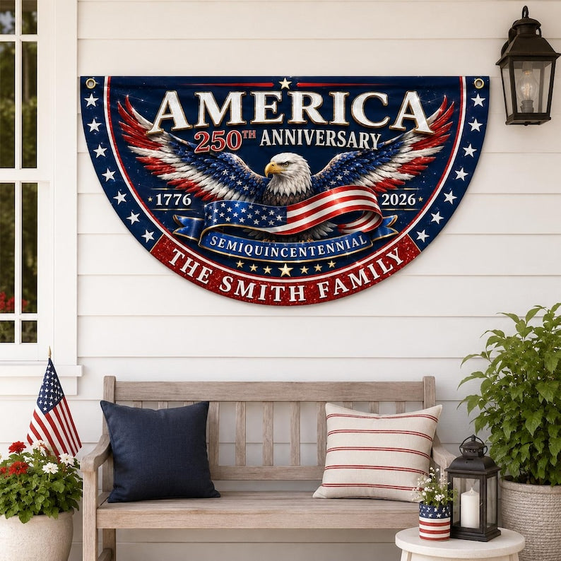 Custom Family Name America 250th Anniversary Fan Flag, 1776-2026 Semiquincentennial Patriotic Eagle Buntingy)