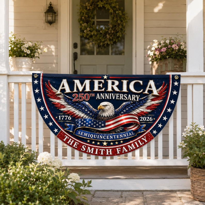 Custom Family Name America 250th Anniversary Fan Flag, 1776-2026 Semiquincentennial Patriotic Eagle Buntingy)