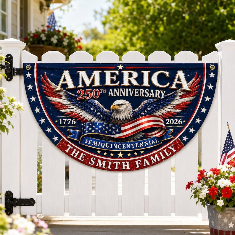 Custom Family Name America 250th Anniversary Fan Flag, 1776-2026 Semiquincentennial Patriotic Eagle Buntingy)