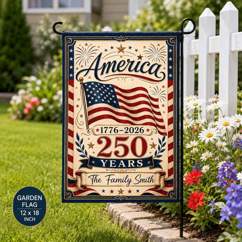 Personalized America 250 Garden Flag, Custom Family Name Patriotic Yard Flag