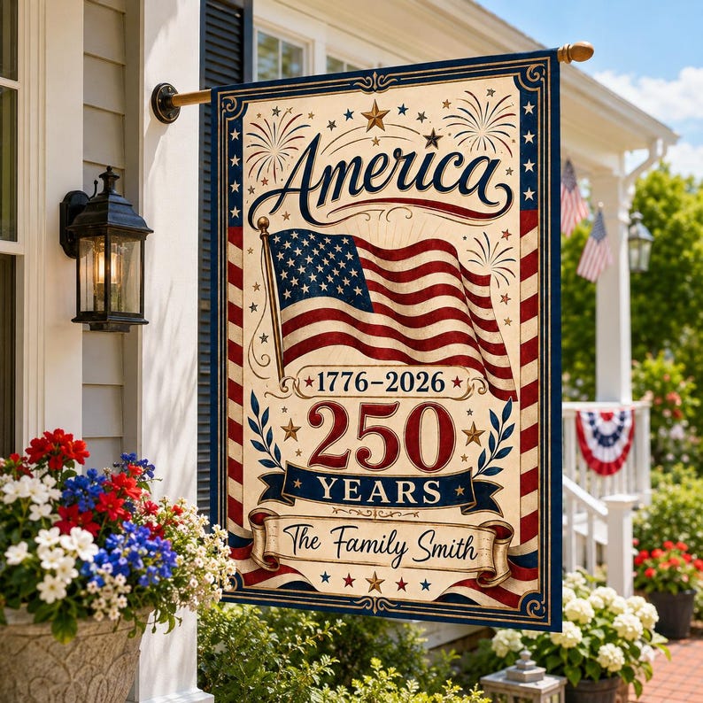 Personalized America 250 Garden Flag, Custom Family Name Patriotic Yard Flag