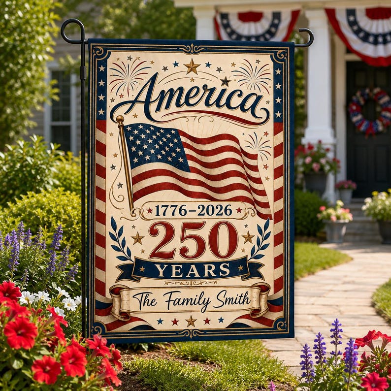 Personalized America 250 Garden Flag, Custom Family Name Patriotic Yard Flag