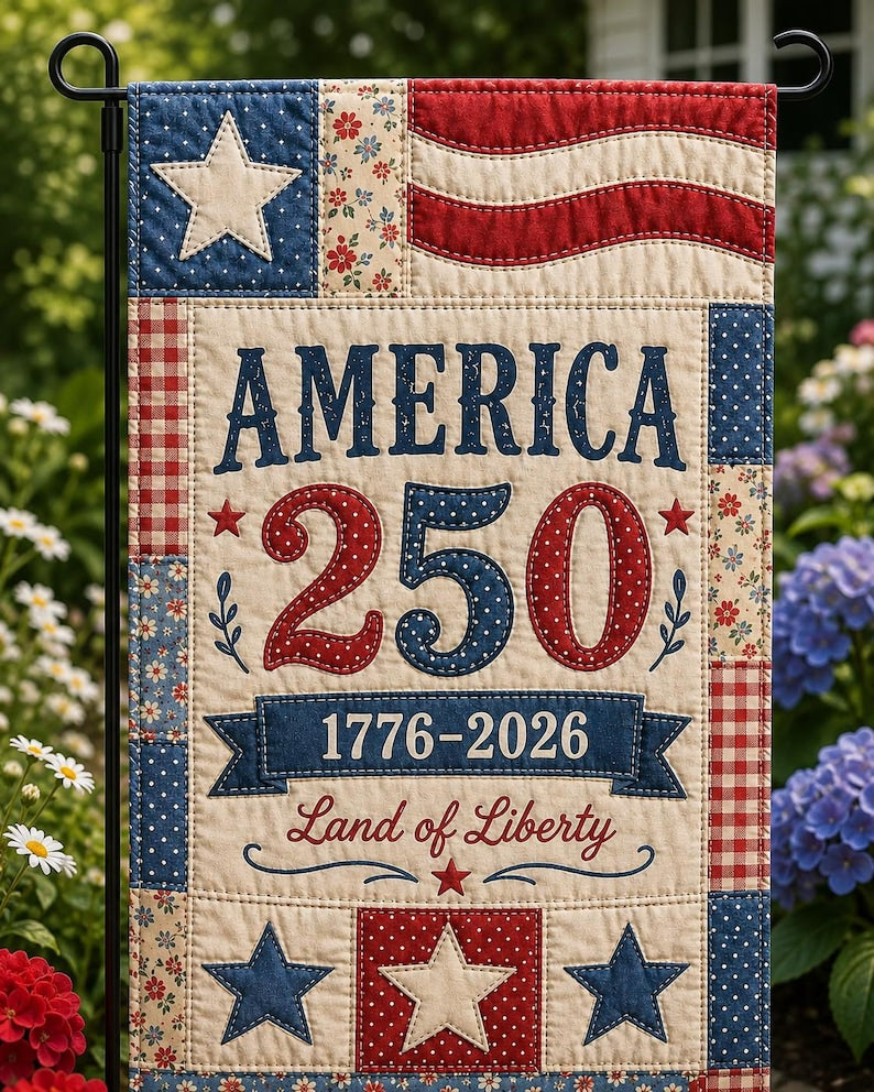 Faux Patchwork 250th Anniversary 4th of July Decor, USA 250 Years Garden Flag