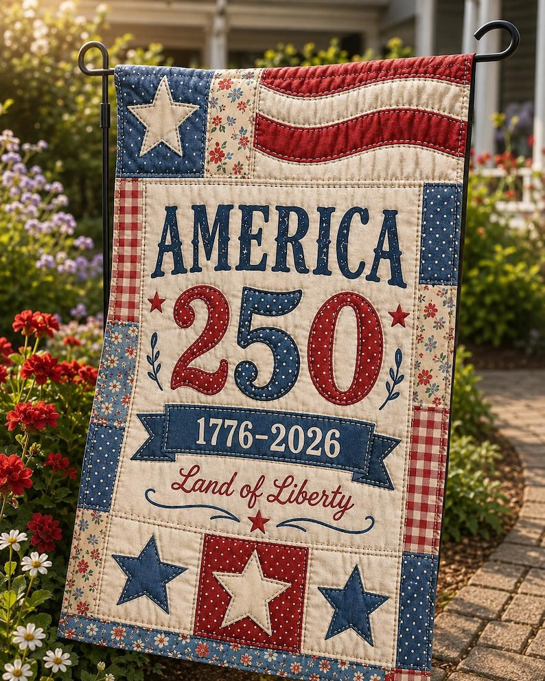 Faux Patchwork 250th Anniversary 4th of July Decor, USA 250 Years Garden Flag