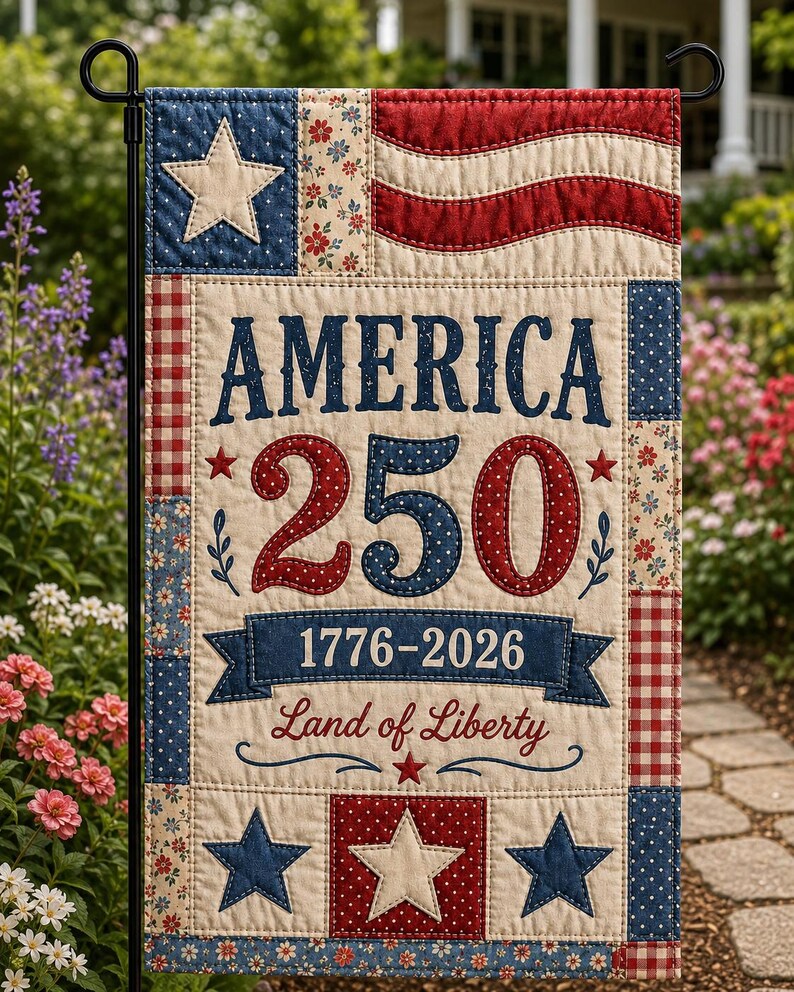 Faux Patchwork 250th Anniversary 4th of July Decor, USA 250 Years Garden Flag