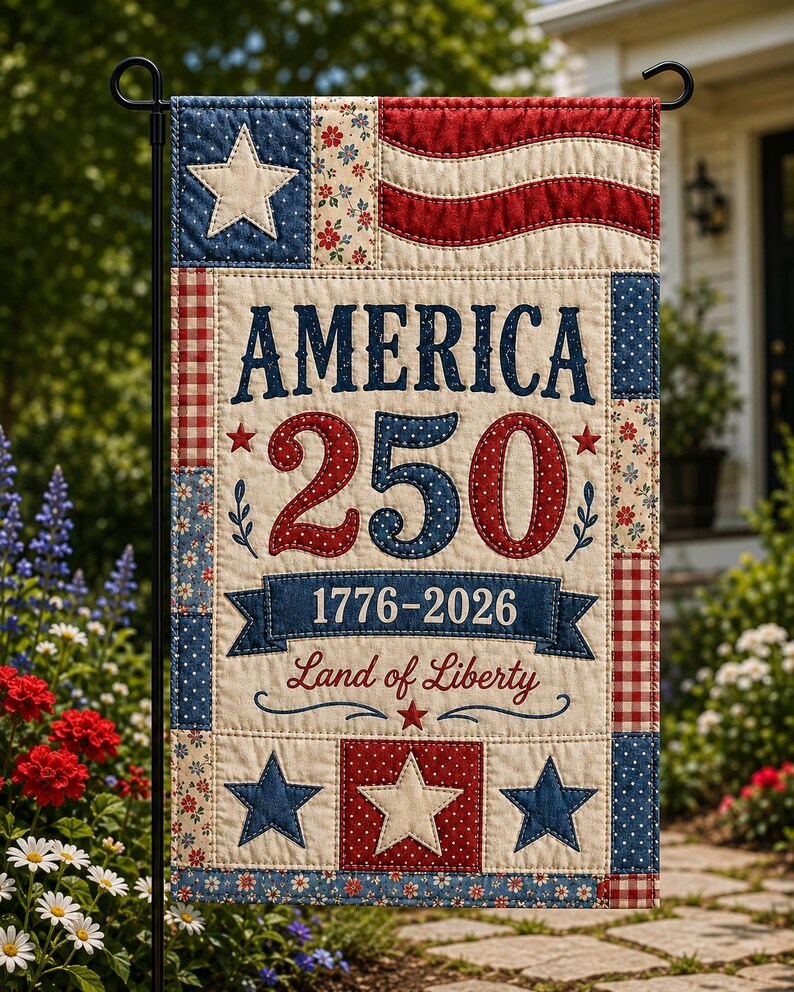 Faux Patchwork 250th Anniversary 4th of July Decor, USA 250 Years Garden Flag