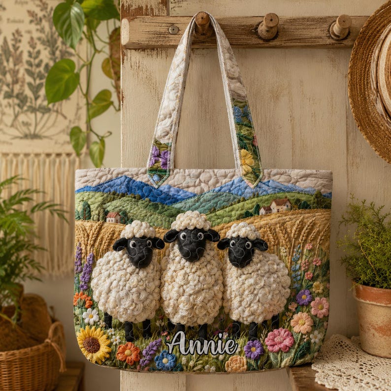 Custom Sheep Quilted Tote Bag, Personalized Farmhouse Lamb Handbag, Cute Floral Sheep Tote Gift for Sheep Lover