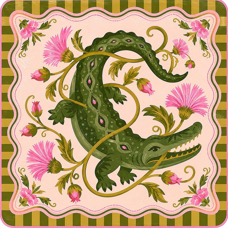 Alligator Floral Mahjong Mat, Southern Charm Game Night Table Runner