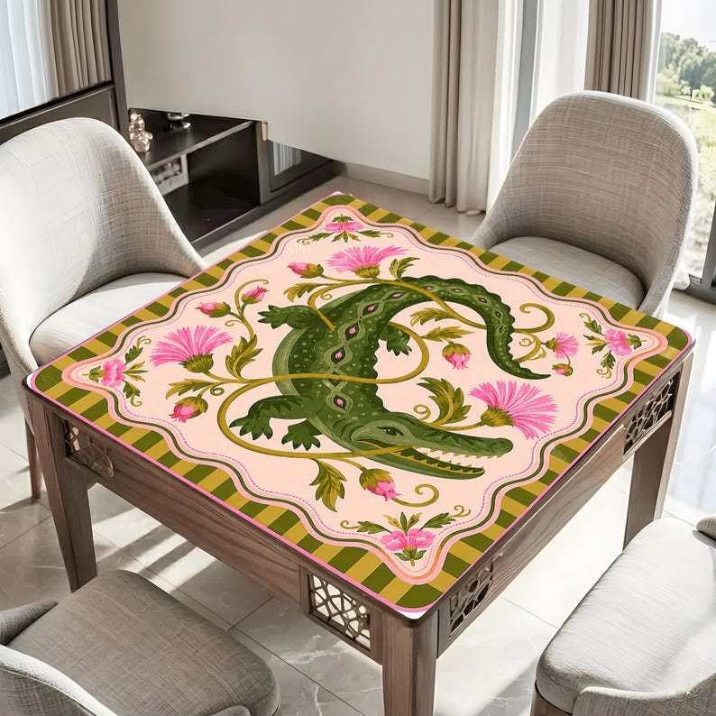 Alligator Floral Mahjong Mat, Southern Charm Game Night Table Runner
