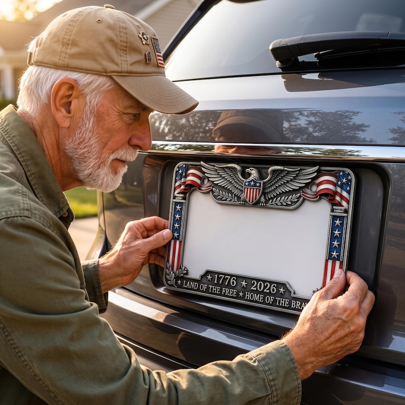 1776-2026 Patriotic Car Accessory, Aluminum Vintage Frame, Patriotic Gift for Veterans 2pcs