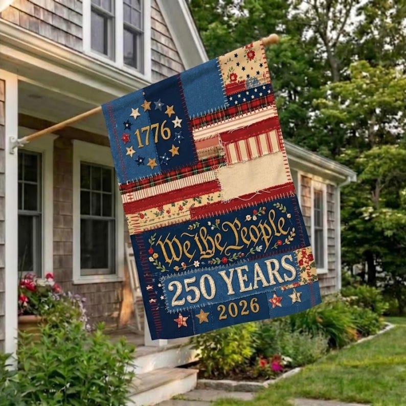 Vintage Faux Patchwork American Flag, We the People 1776 Americana, 250 Years