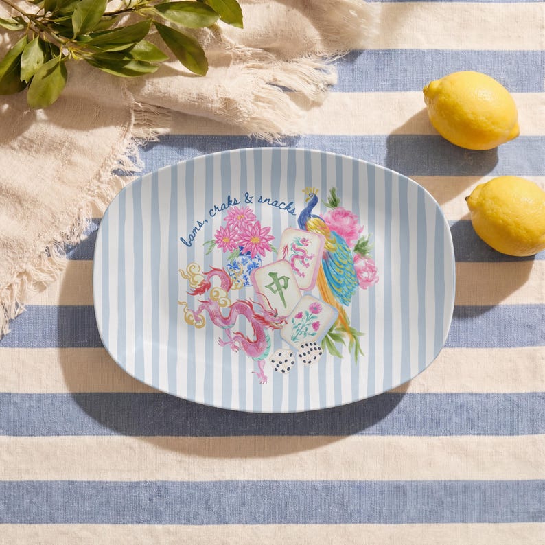 Mahjong Serving Platter, Bams Craks & Snacks, Peacock & Dragon Tray, Blue Stripe Game Night Hostess Gift