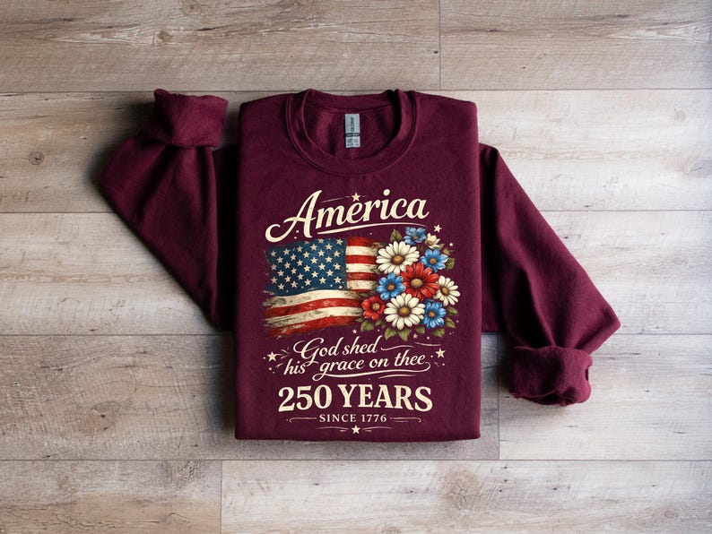 America 250 Years Flag Floral Graphic Tshirt, Celebrate 250th Anniversary Tee
