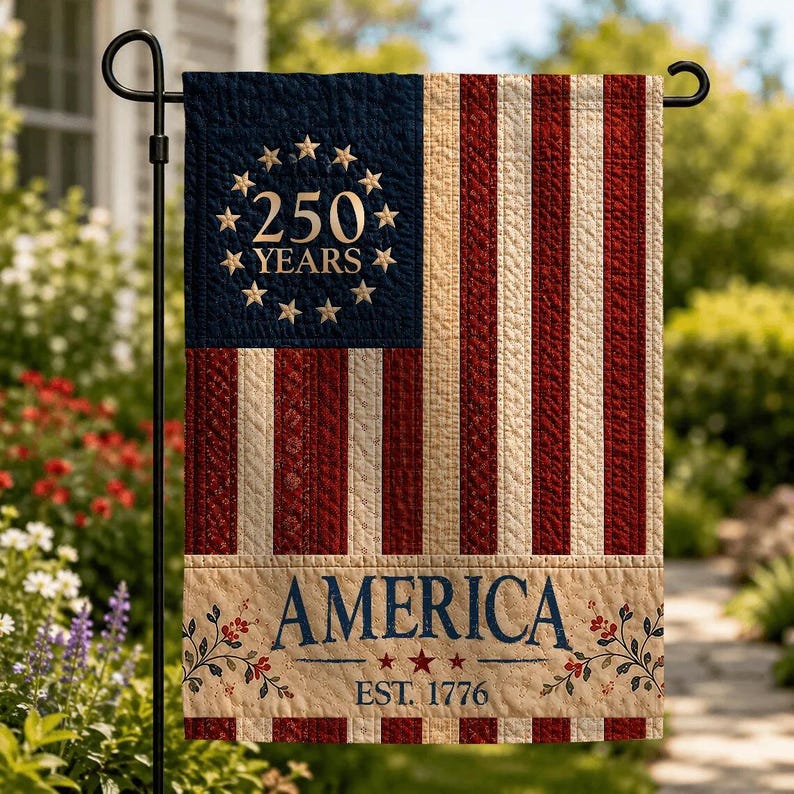 USA Vintage Style 250th Anniversary Garden Flag, Faux Patchwork Flag for Independence Day