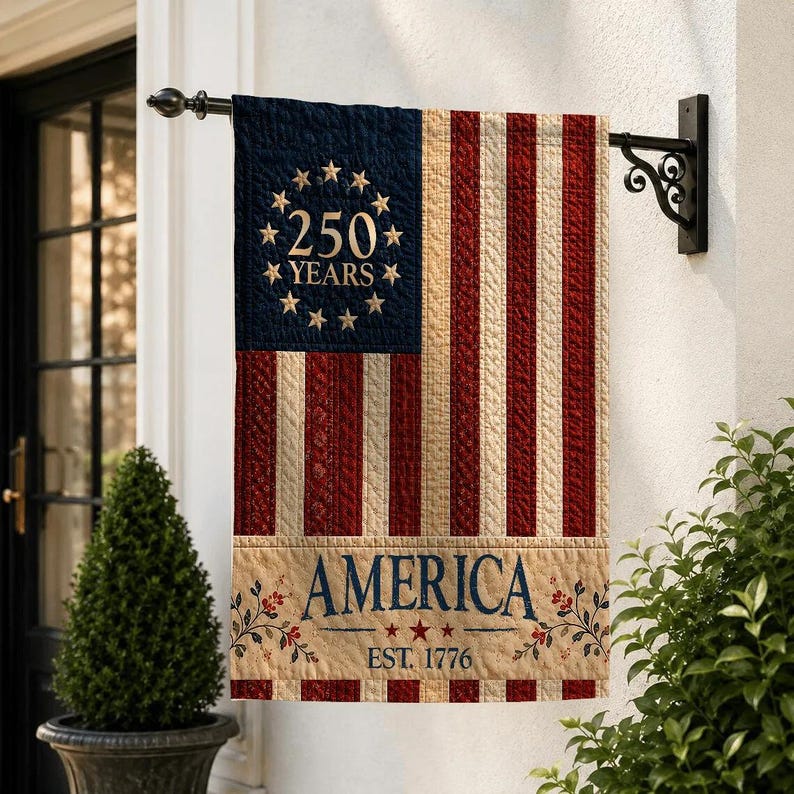 USA Vintage Style 250th Anniversary Garden Flag, Faux Patchwork Flag for Independence Day