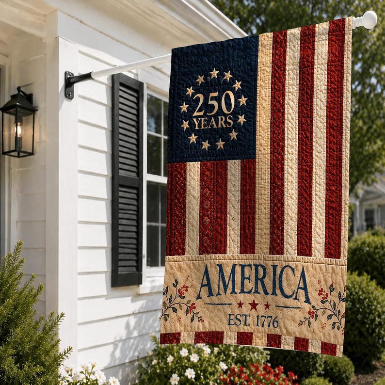 USA Vintage Style 250th Anniversary Garden Flag, Faux Patchwork Flag for Independence Day