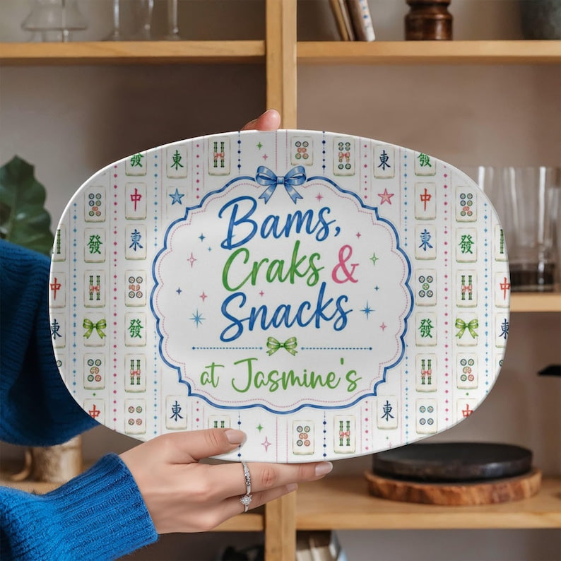 Personalized Mahjong Platter, Bams Craks & Snacks Custom Serving Tray, Grandmillennial Game Night