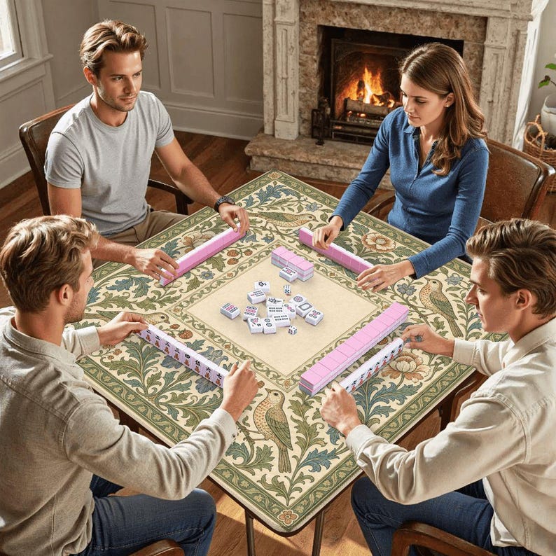 William Morris Inspired Mahjong Mat, Arts and Crafts Thrush & Strawberry Game Mat, Victorian Botanical Non Slip Mat