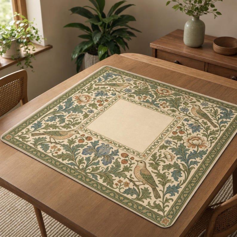 William Morris Inspired Mahjong Mat, Arts and Crafts Thrush & Strawberry Game Mat, Victorian Botanical Non Slip Mat