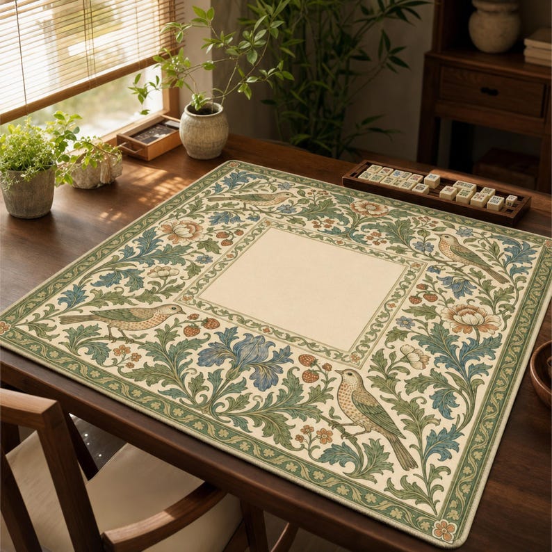 William Morris Inspired Mahjong Mat, Arts and Crafts Thrush & Strawberry Game Mat, Victorian Botanical Non Slip Mat