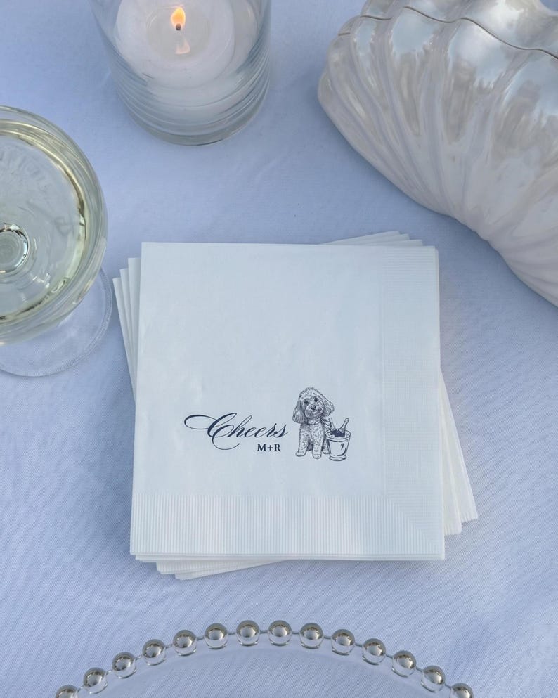 Custom Pet Cocktail Napkins, Dog Wedding Favors, Personalized Sketch Beverage Napkins