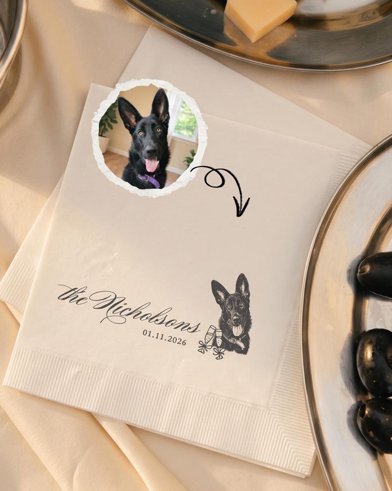 Custom Pet Cocktail Napkins, Dog Wedding Favors, Personalized Sketch Beverage Napkins