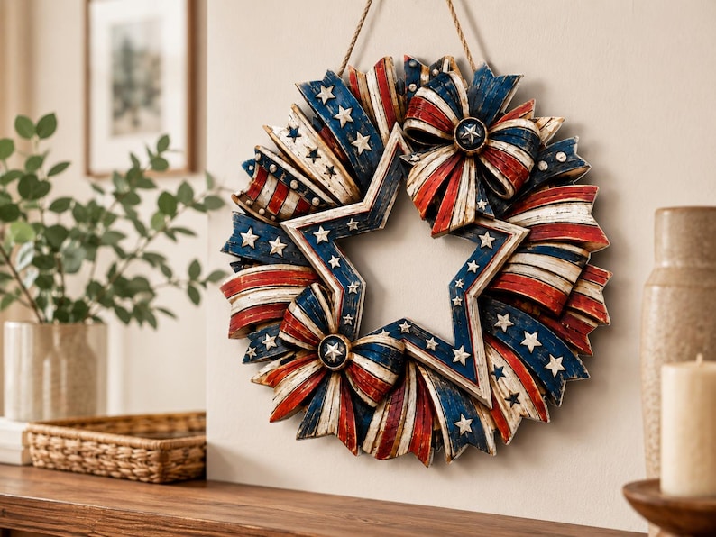 Patriotic Wood Sign, American Flag Star Door Wreath, Rustic 4th Of July Decor