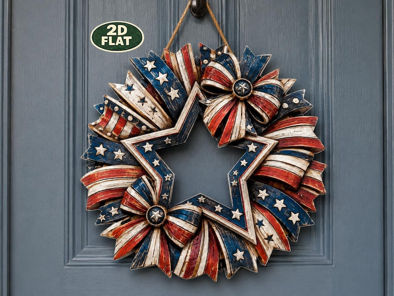 Patriotic Wood Sign, American Flag Star Door Wreath, Rustic 4th Of July Decor