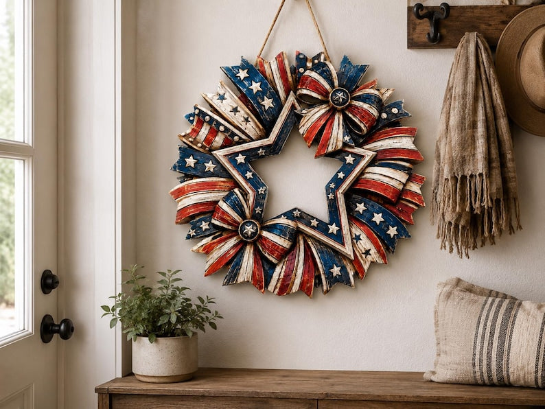 Patriotic Wood Sign, American Flag Star Door Wreath, Rustic 4th Of July Decor
