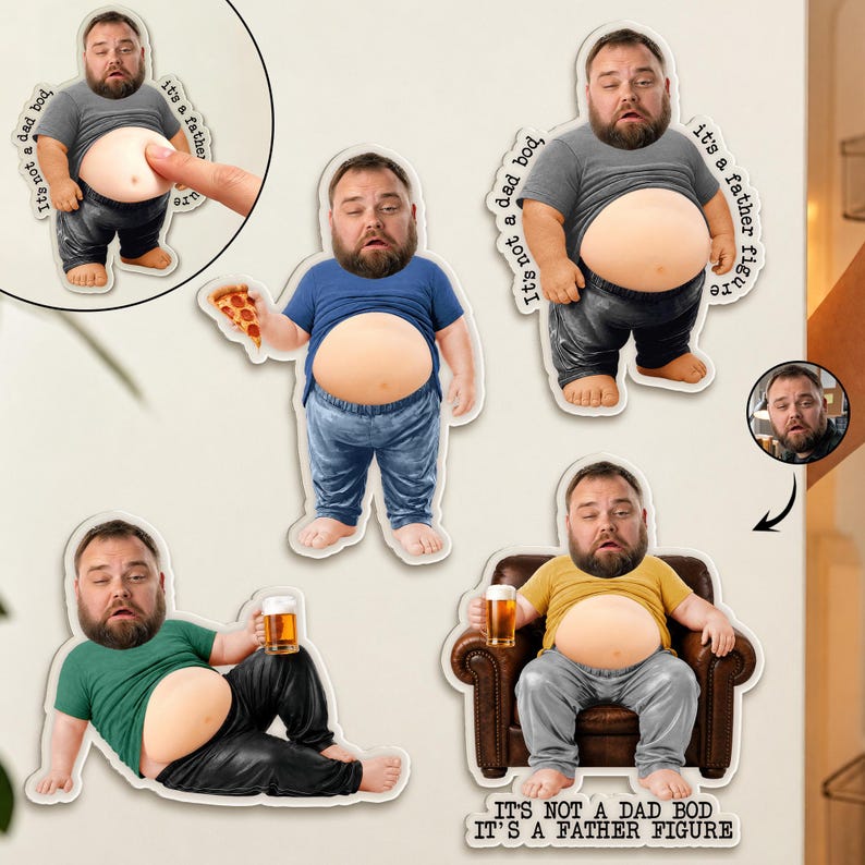 Personalized Dad Portrait From Photo Fridge Magnet, Funny Face Gift For Dad Bod